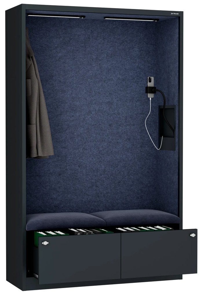 Kancelárska akustická kabína so sedadlom a portom USB-C, telo v antracitovej farbe / sedadlo v tmavomodrá farbe, 1150 mm: SALLY MentalBox