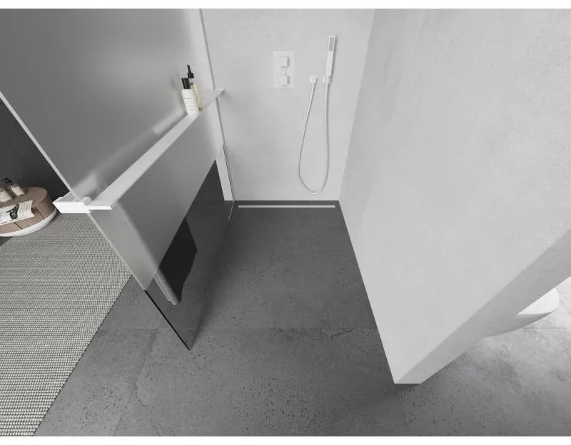 Mexen Kioto+, sprchová zástena Walk-In s poličkou a vešiakom 140 x 200 cm, 8mm číre sklo-námraza, biely profil, 800-140-121-20-35