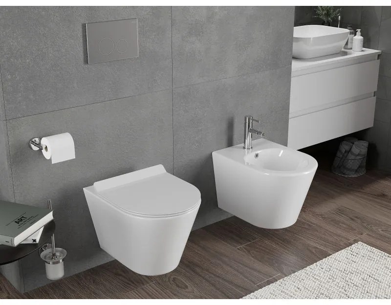 Mexen Rico, závesná WC misa 490x360x370 mm, Rimless Tornádo + WC sedadlo z duroplastu, biela lesklá, 30720100T