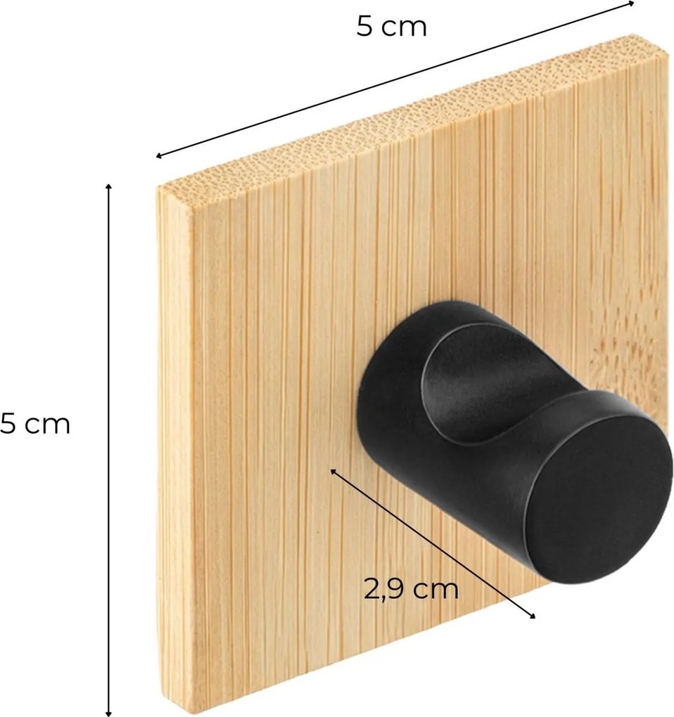 Erga Ozi, samolepiace háčiky na uteráky bez vŕtania, 4ks, 5×5 cm, bambus / čierna matná, ERG-YKA-CH.OZI4-BLK