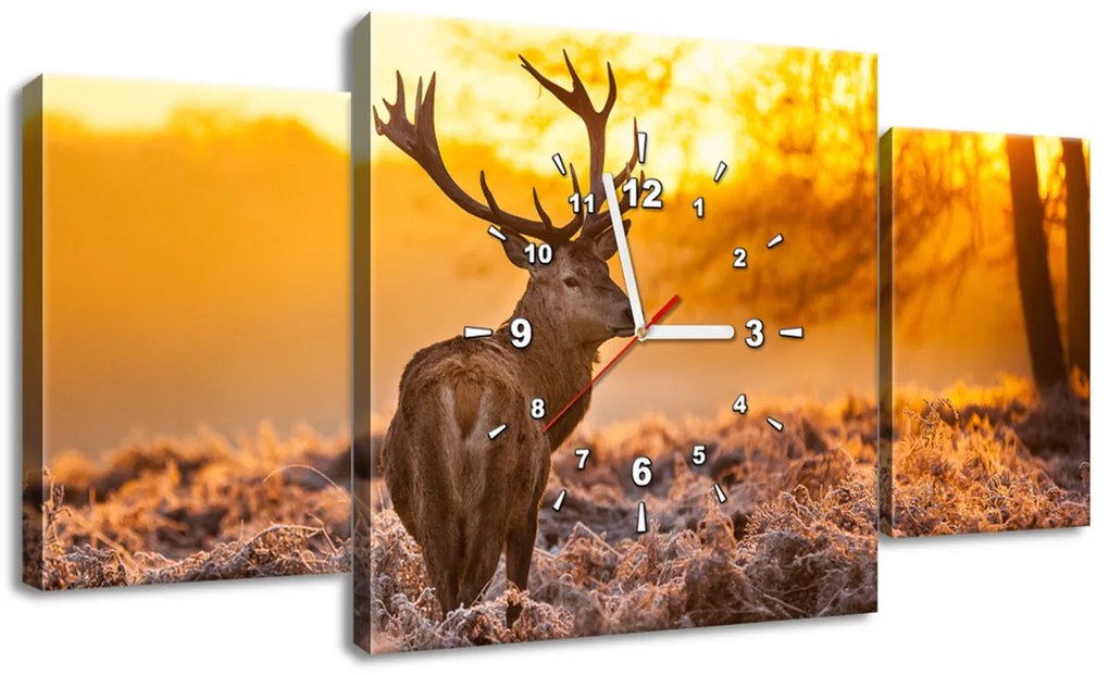 Gario Obraz s hodinami Silný jeleň - 3 dielny Rozmery: 90 x 30 cm