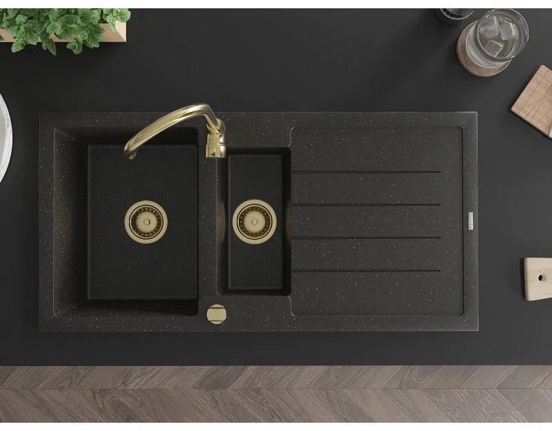 Mexen Andres, granitový drez 1000x500x200 mm, 1,5-komorový, čierna so zlatou metalízou a zlatým sifónom, 6515101510-75-G