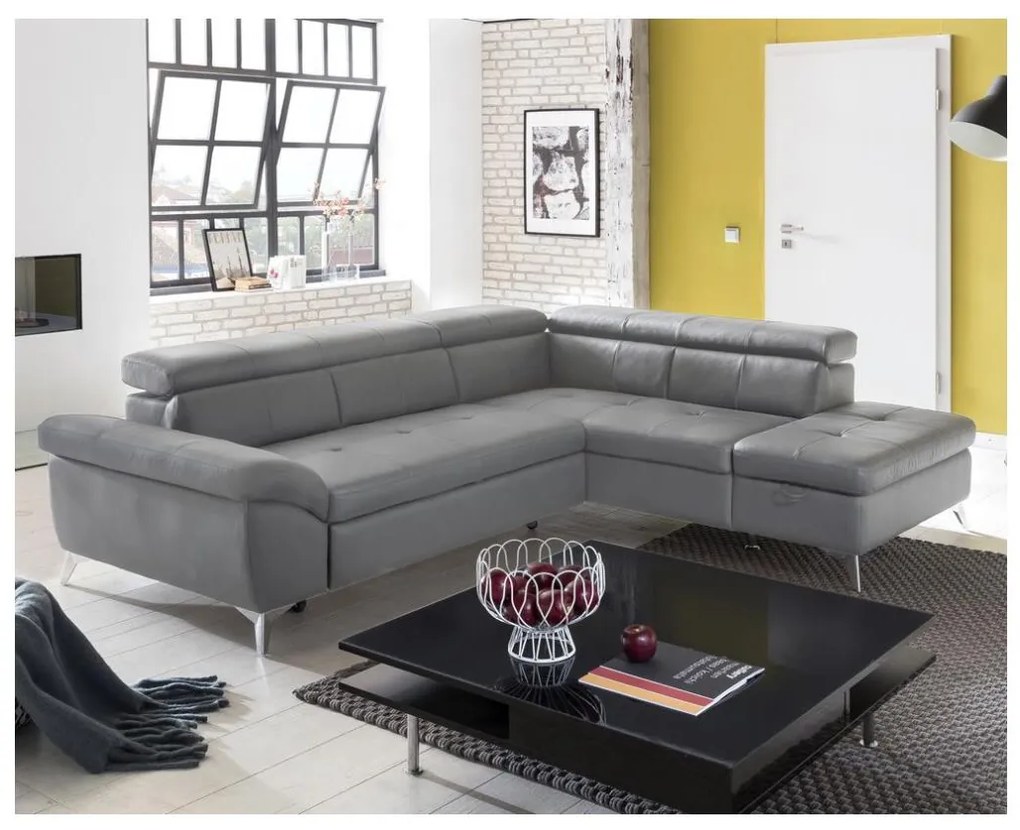 Kožená rohová sedacia súprava SALERNO II L, ľavá, sivá, rozkladacia