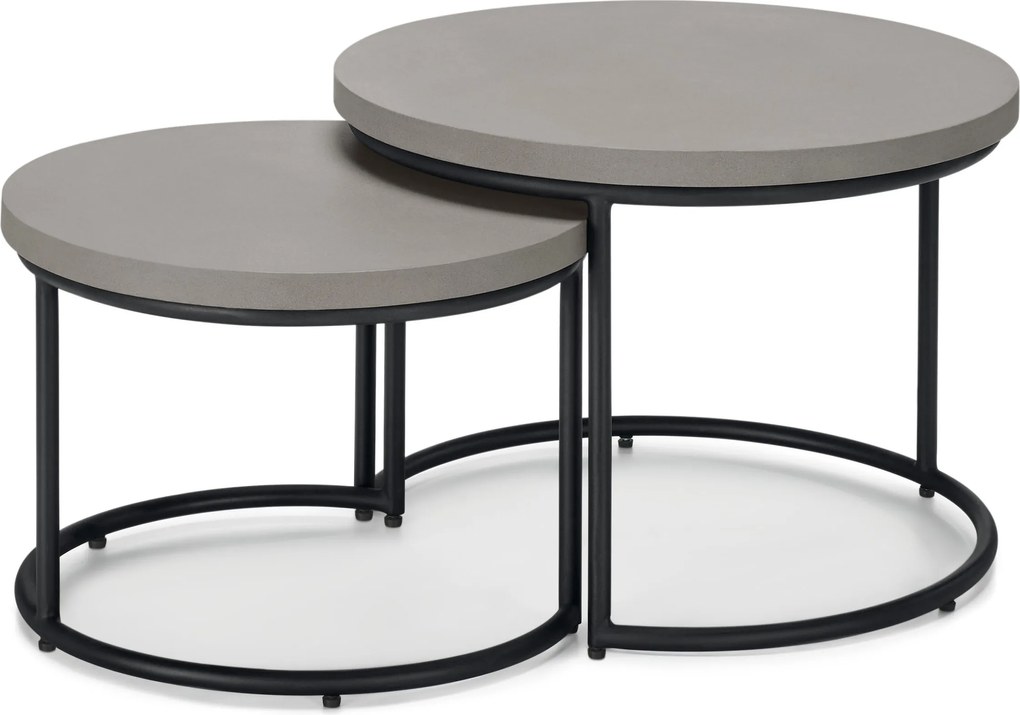 2 záhradné konferenčné stolíky s polycementovou doskou, priemer cca 50 cm a 60 cm