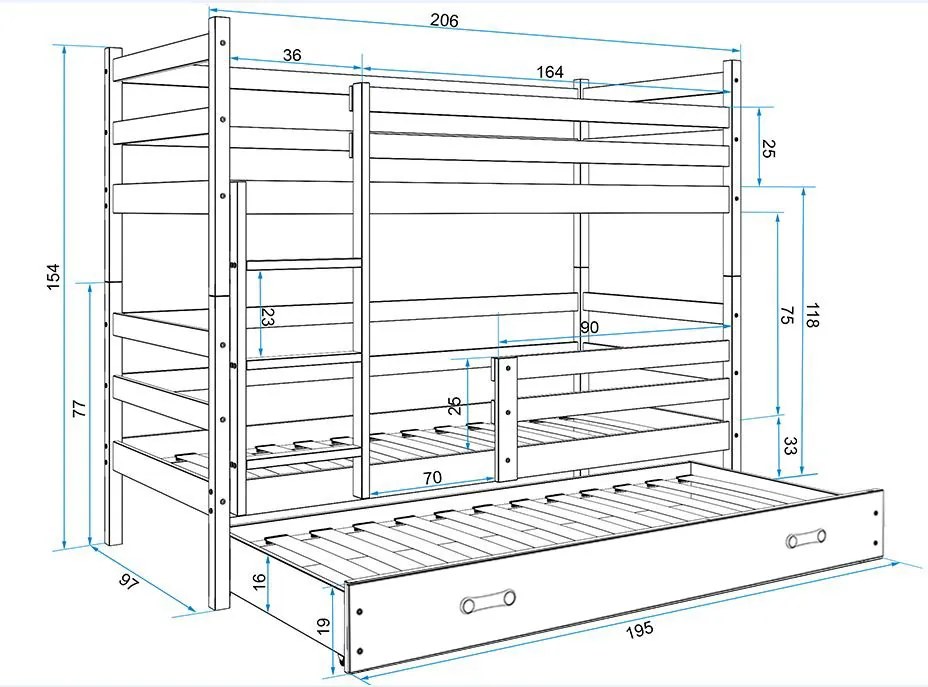 Poschodová posteľ s prístelkou ERIK 3 - 200x90cm Biely - Biely