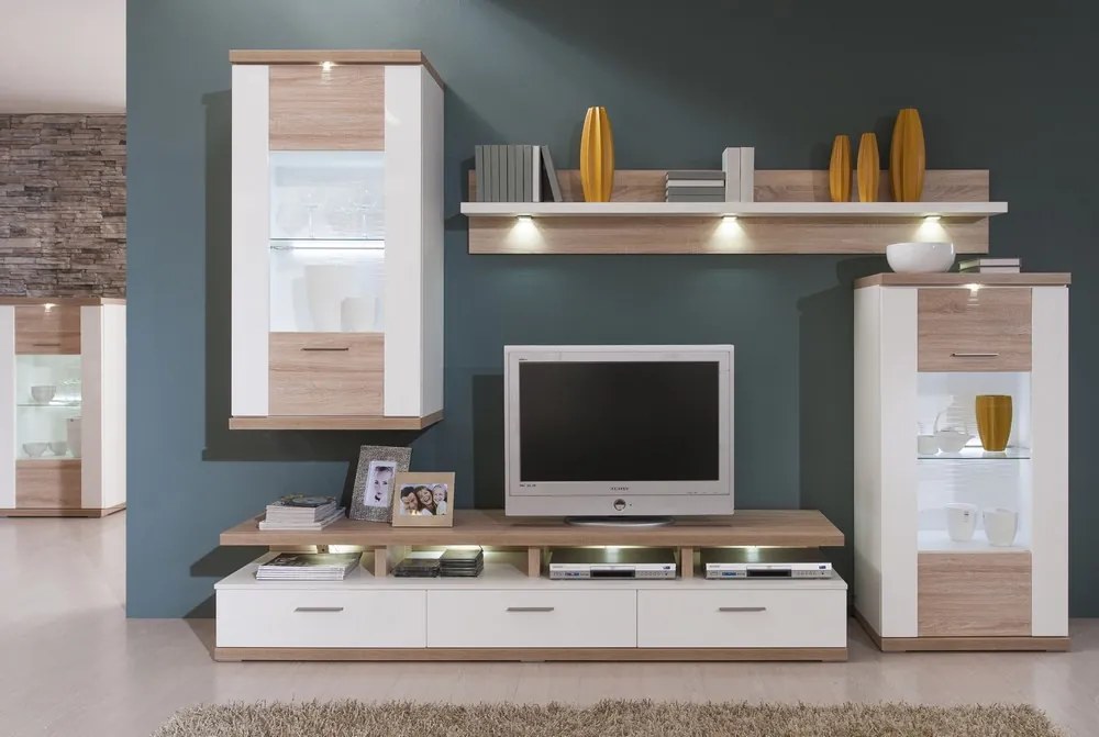 Obývacia stena Caracas kombi 333, dub / biely lesk, s osvetlením