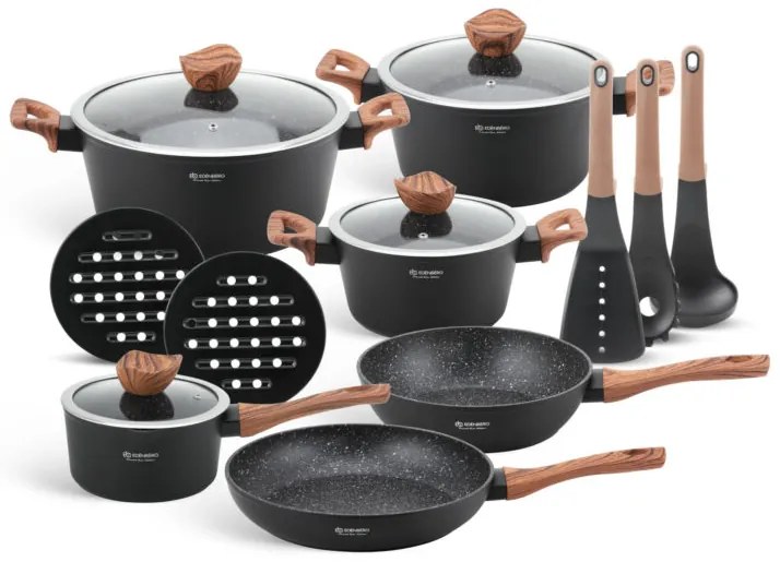 Sada 15 hrncov - matná čierna/drevo