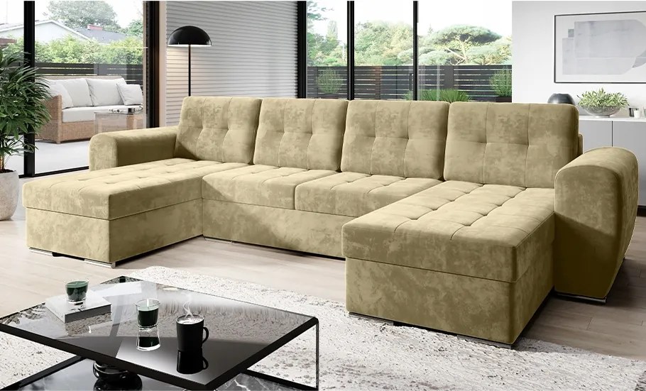 Béžová rozkladacia rohová sedačka Bari U s pružinami, velúr