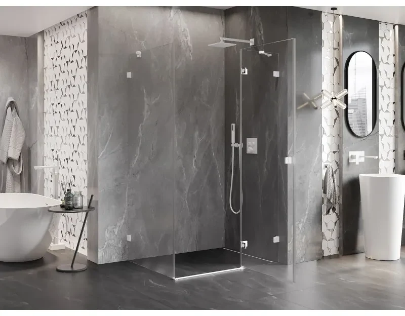 Mexen Lunar, pravostranný výklopný sprchový kút 90 x 70 cm, 8mm číre sklo, biely profil, 834-090-070-20-00-P