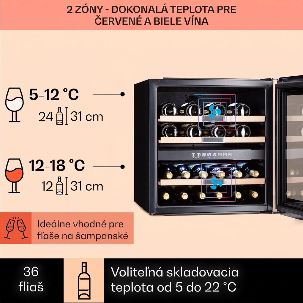 Klarstein Vinsider 36 Onyx Edition, vinotéka, 85 l, 5-22°C, 2 zóny