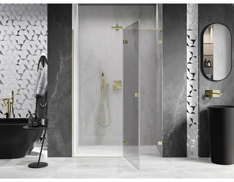 Mexen, Mexen Lunar L výklopné pravé sprchové dvere 135 cm, transparentné, brúsené zlaté - 834L-135-000-55-00-P