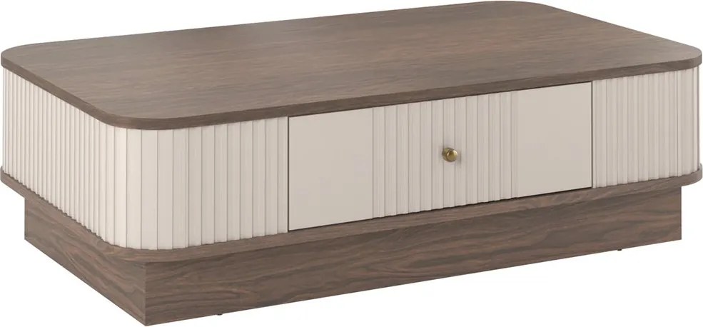 Kávový stolík Vesper 103x60 cm so zásuvkou na sokli - kasmír / orech / zlatá úchytka