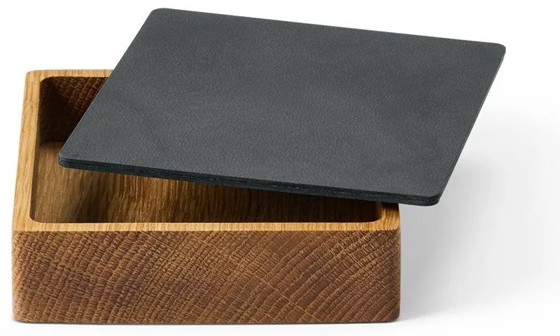 Antracitový/v prírodnej farbe drevený/z eko kože úložný box s vekom/dekoratívny 11x11x3,5 cm Square Nupo – LIND DNA