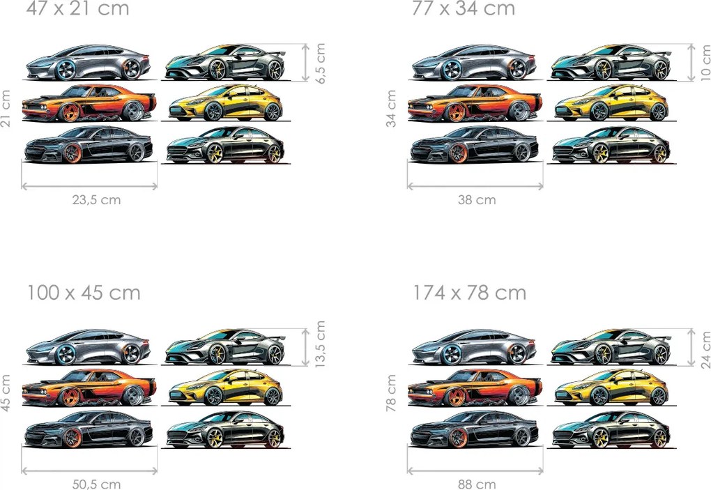 Kolekcia áut textilní prelepiteľné nálepky na stenu hárok 47 x 21 cm