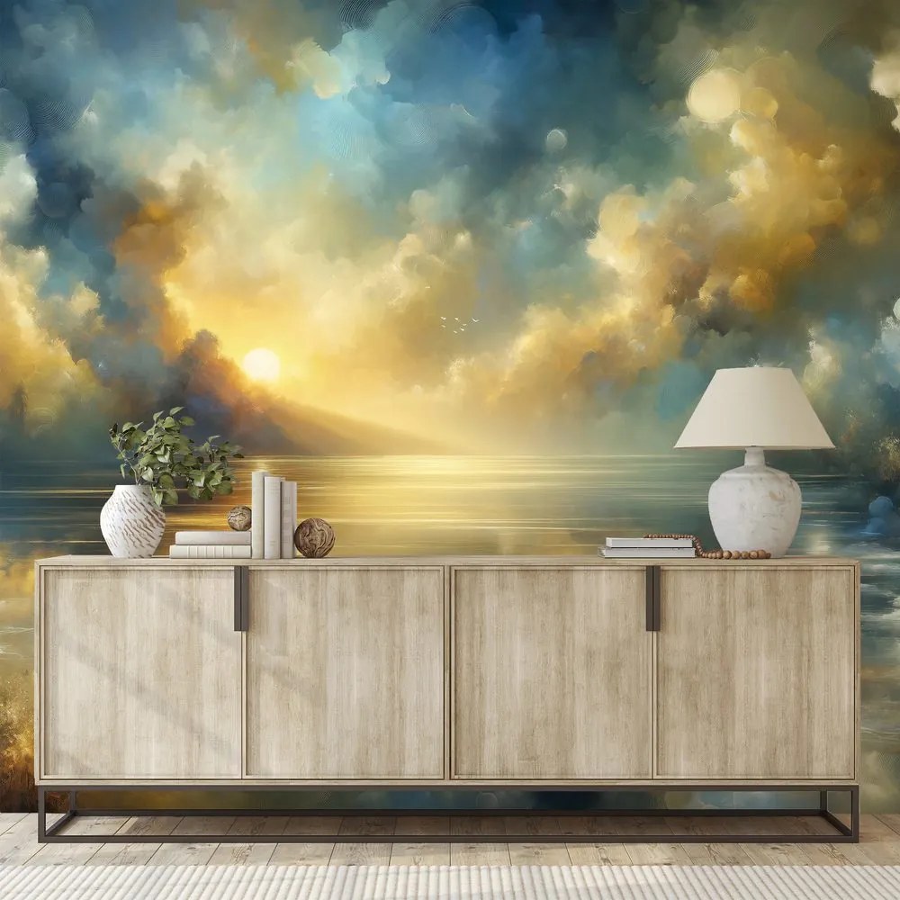 Tapeta zlaté slnko nad modrou hladinou