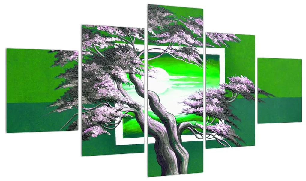 Zelený obraz stromu a východu slnka (K014024K12570)