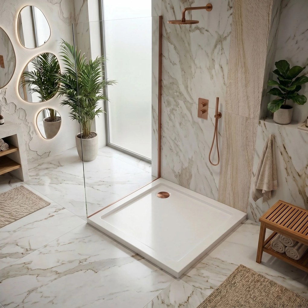 Rea Belmond, Sprchová akrylová vanička biela 90x90, medená matná odtoková krytka, KPL-04371