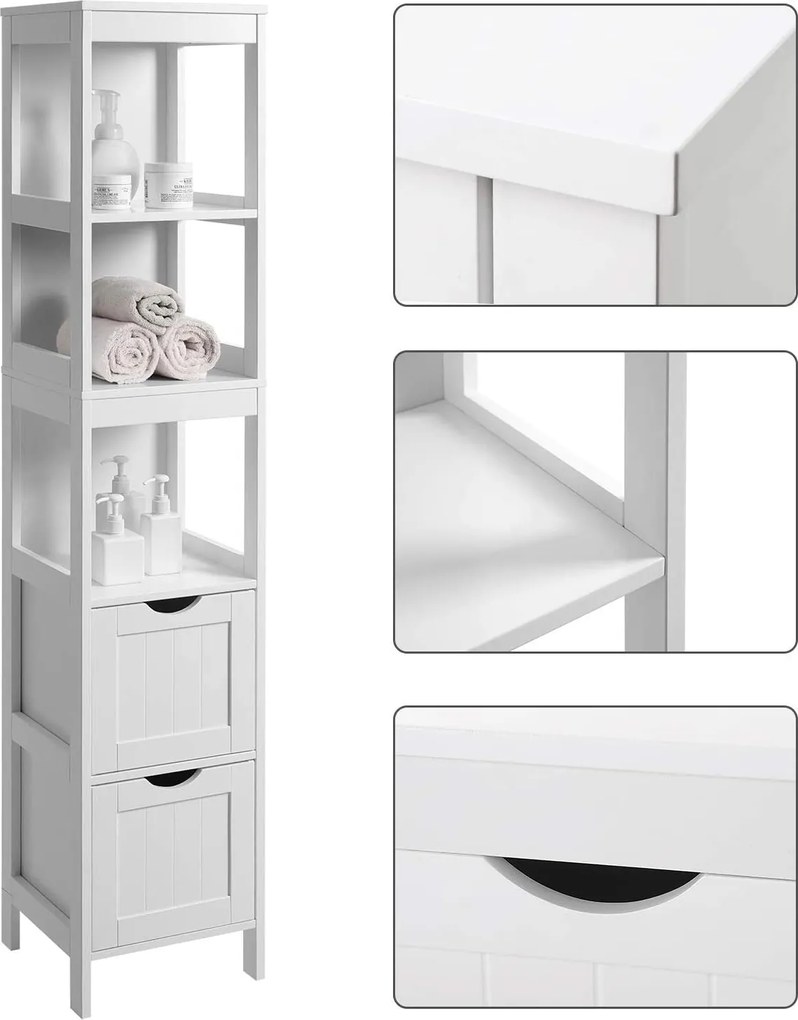 Kúpeľňová vysoká skrinka, s 2 zásuvkami a 3 policami, biela