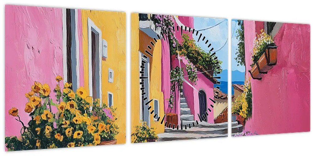 Obraz - Ružová ulička (s hodinami) (90x30 cm)