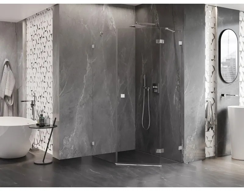 Mexen Lunar, pravý výklopný päťuholníkový sprchový kút 90 x 100 cm, 8mm číre sklo, chrómový profil, 831-090P-100L-01-00-P