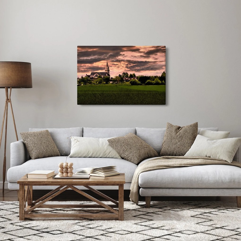 Obraz krajiny s kostolom (90x60 cm)