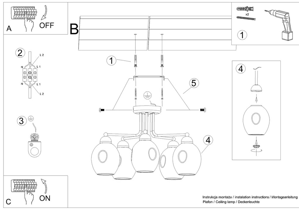 Stropné svietidlo Fillan, 5x grafitové sklenené tienidlo