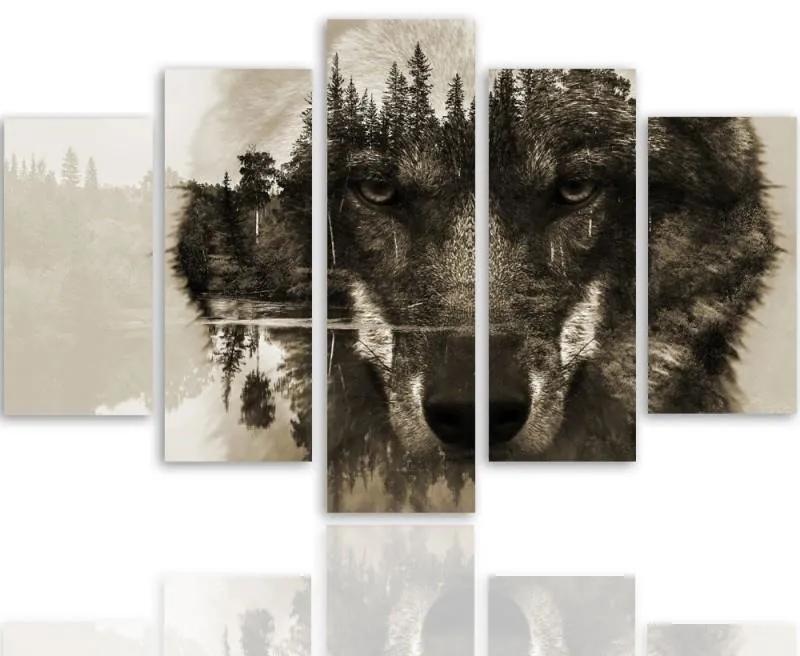 Obraz na plátně pětidílný Vlk SALONOU na pozadí přírodního lesa - 200x100 cm