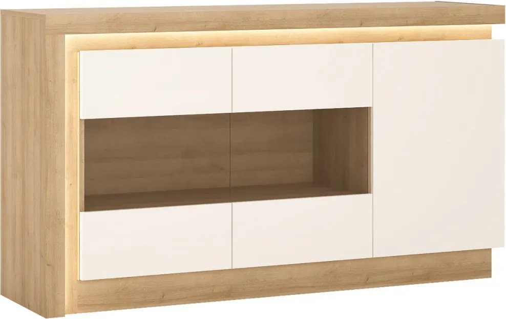 Komoda s presklením Lyon, dub riviéra/biely lesk, s osvetlením