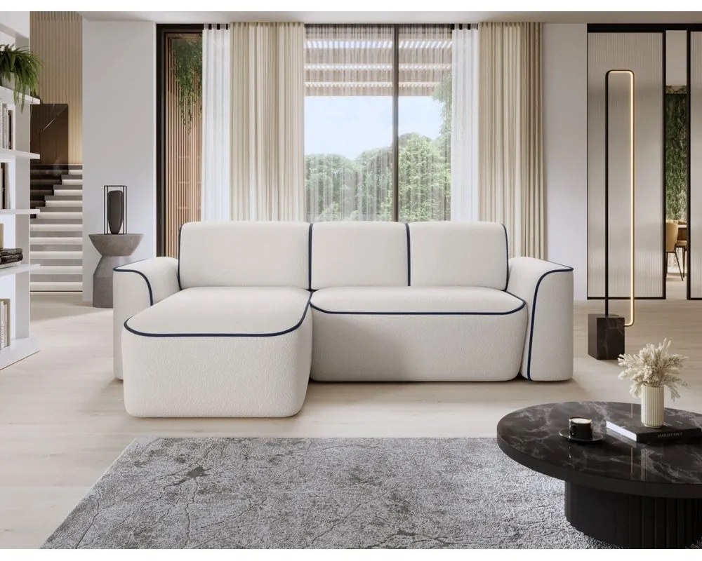 Modrá/krémovobiela rohová pohovka z textílie buklé (ľavý roh/s leňoškou) Ume – ELTAP