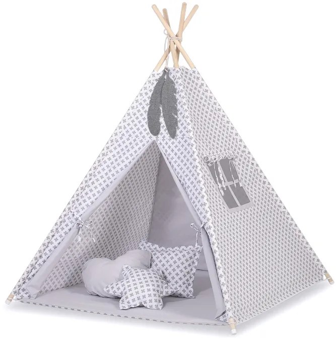 Bobono Stan Teepee pre deti + ozdobné perie - vzor šedý kríž