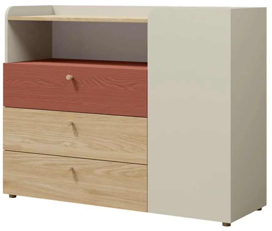 Komoda Yuki 9 Koralová/Sivá béžová/Olejovaný dub