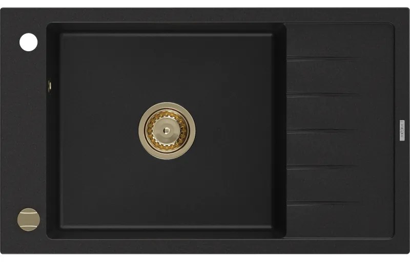 Mexen Elias, granitový drez granitový 795x480x200 mm, 1-komorový, čierna so zlatým sifónom, 6511791005-77-G