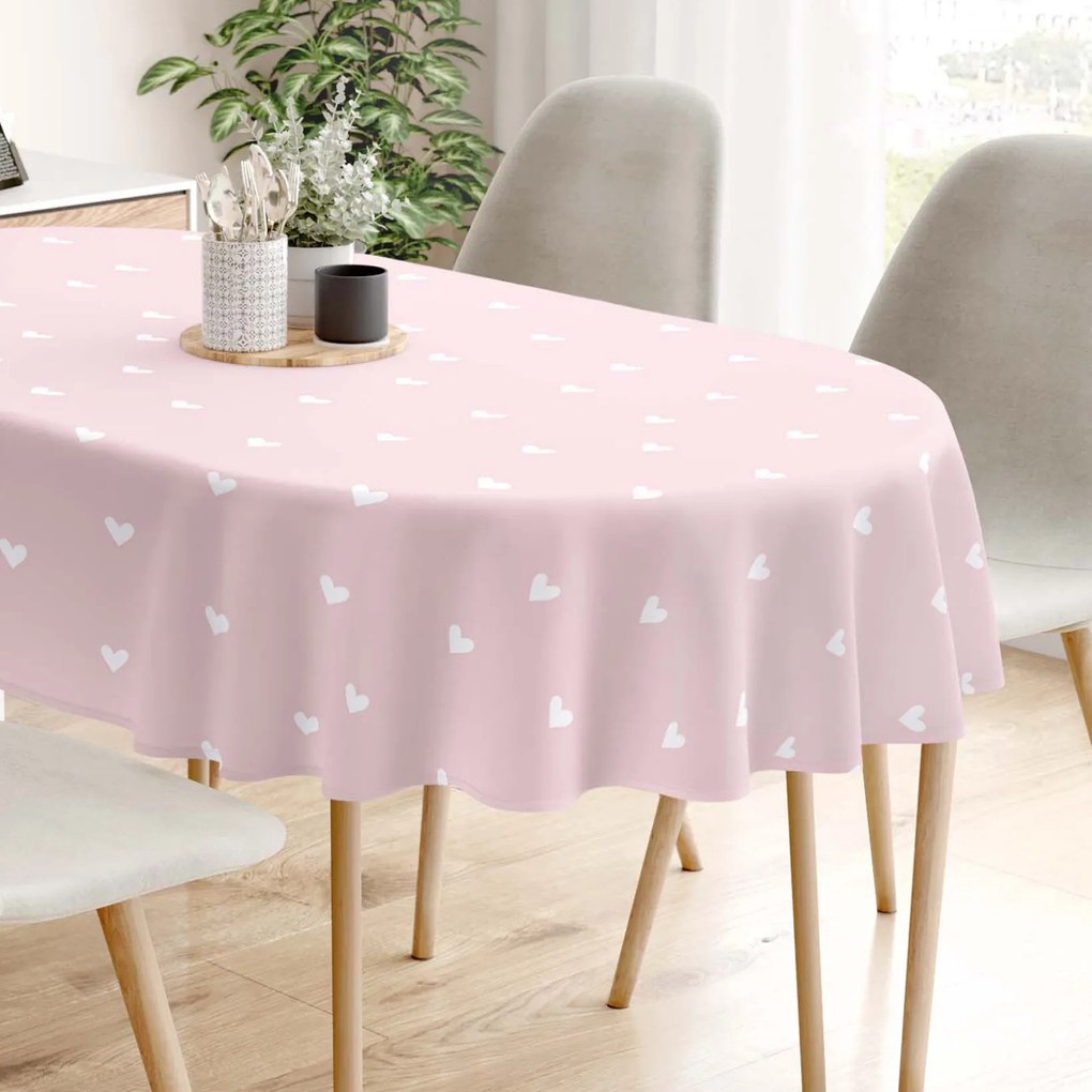 Goldea oválny obrus 100% bavlnené plátno - srdiečka na púdrovo ružovom 140 x 180 cm