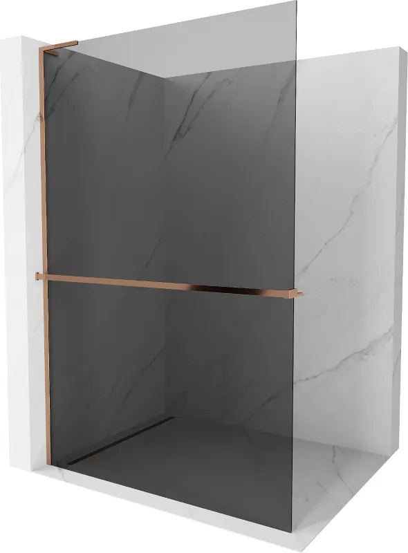 Mexen Kioto+ L, sprchová zástena Walk-In s poličkou a vešiakom 110 x 200 cm, 8mm šedé sklo, ružové zlato profil, 800-110-123-60-40