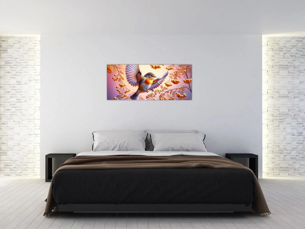 Obraz - Vták s jarabinou (120x50 cm)