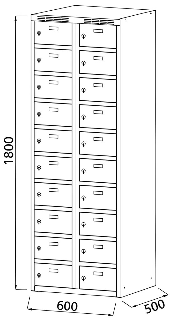 Šatníková skrinka S6 s úložnými boxami, 20 boxov, 1800 x 600 x 500 mm, otočný zámok, tmavosivé dvere