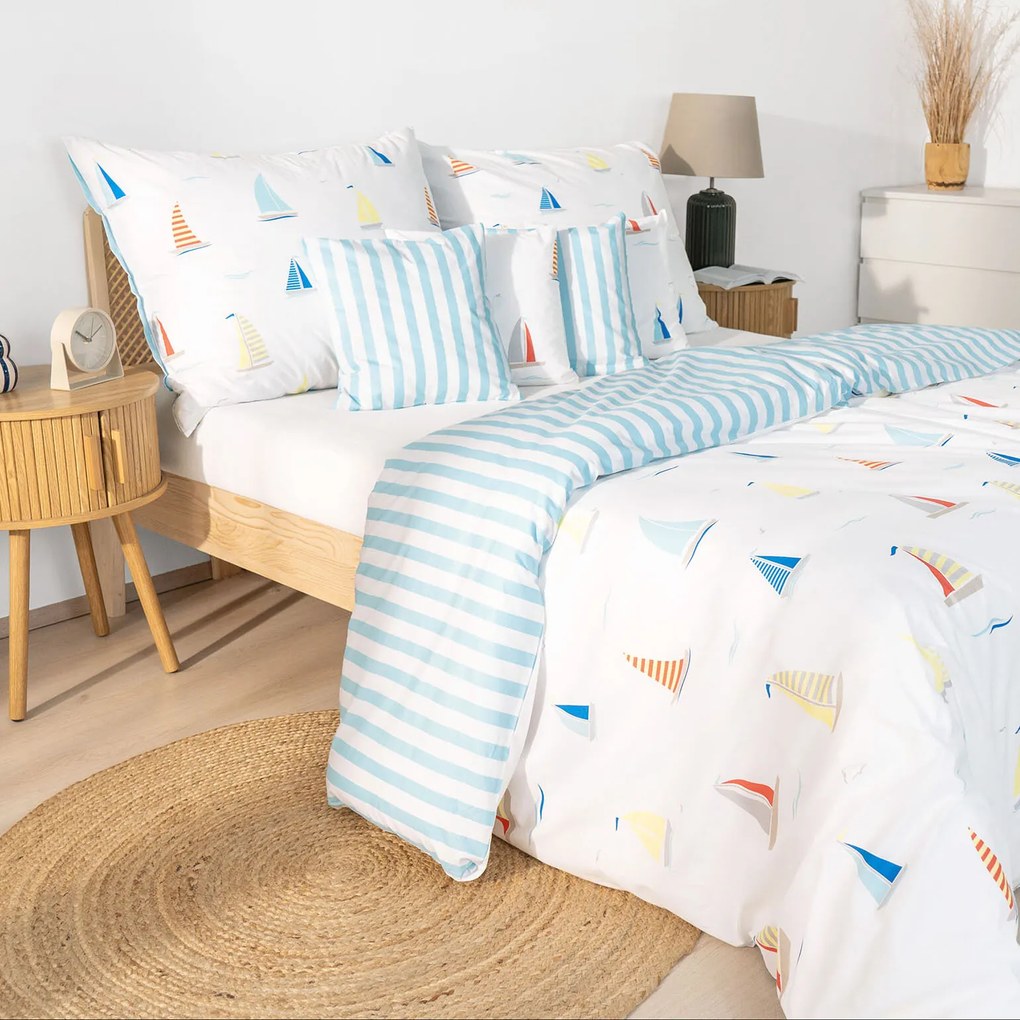 Goldea bavlnené posteľné obliečky - plachetnice s modrými prúžkami 240 x 220 a 2ks 70 x 90 cm