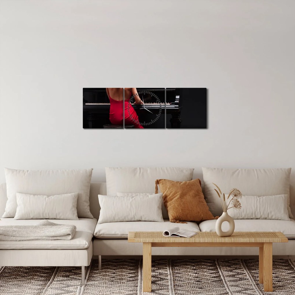 Obraz ženy hrajúce na klavír (s hodinami) (90x30 cm)