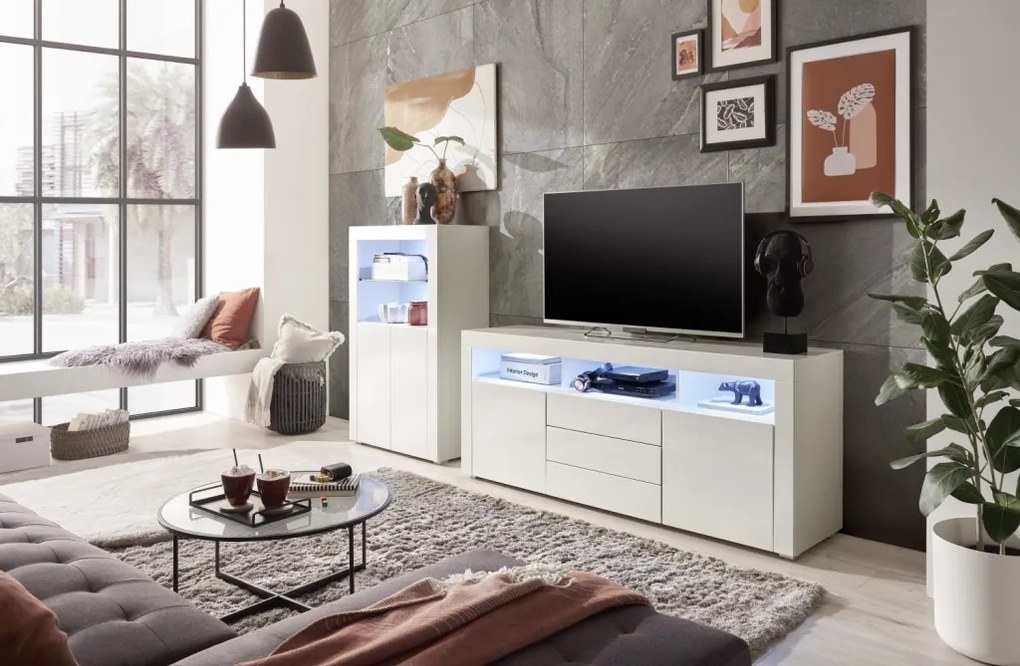 Široká TV skrinka Leeds, biela lesk, s osvetlením