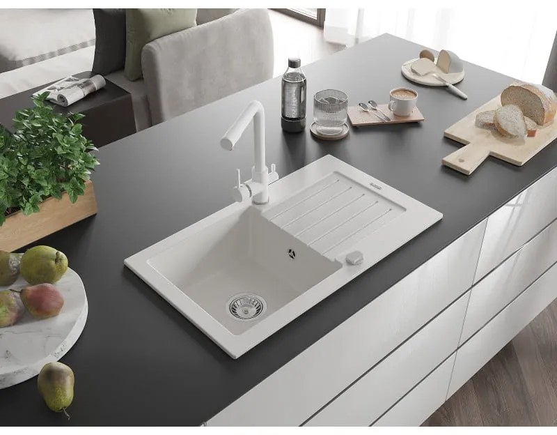 Mexen Pablo, granitový drez 752x436x161 mm, 1-komorový a biela batéria Duero, biela, 6510-20-671600-20