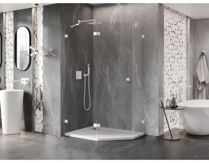 Mexen Lunar, Päťuholníkový sprchový kút Mexen Lunar naklápací doľava 100 x 80 cm, 8mm číre sklo, biely profil, 831-100L-080P-01-20-L