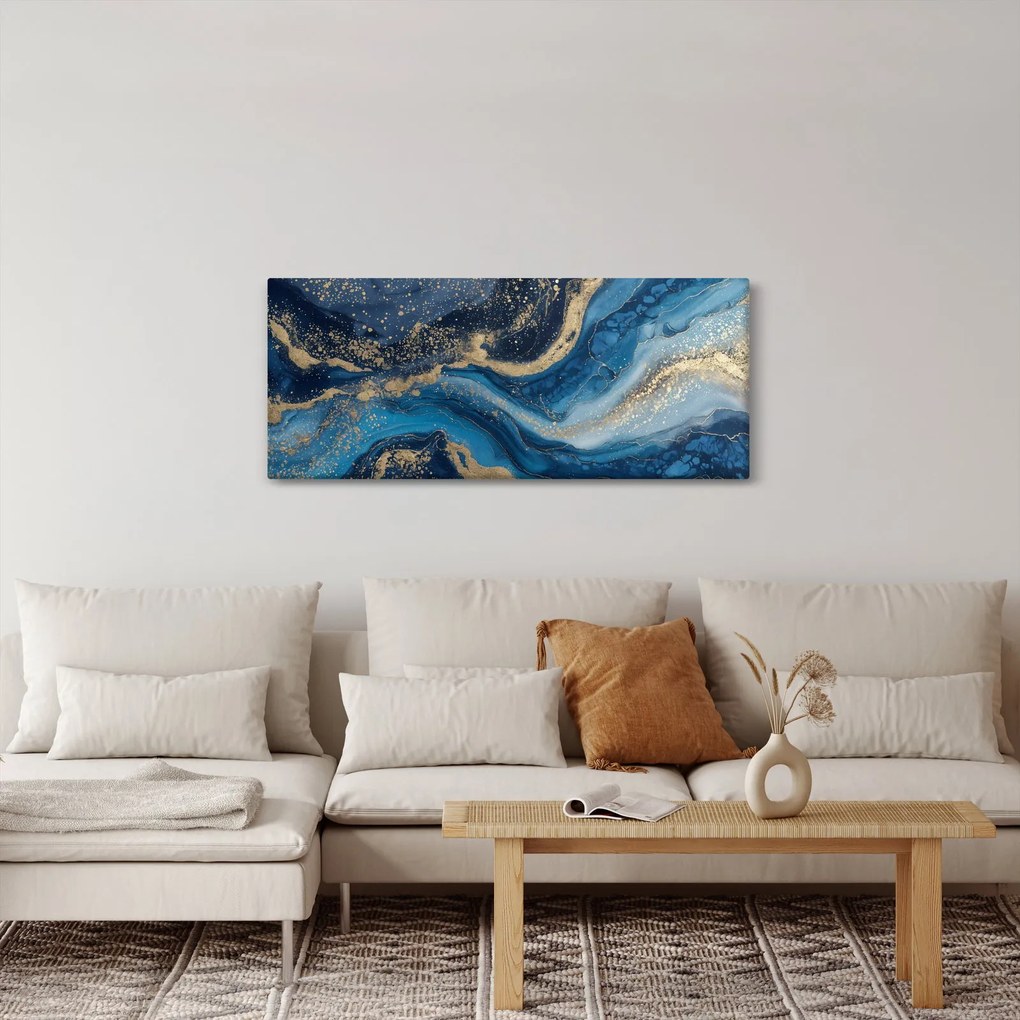 Obraz - Modrozlatý abstraktný mramor (120x50 cm)