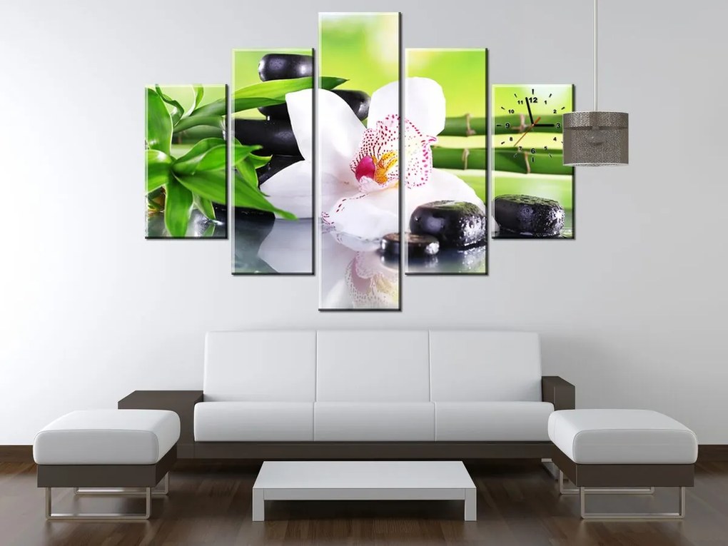 Gario Obraz s hodinami Biela orchidea a kamene - 5 dielny Rozmery: 150 x 105 cm