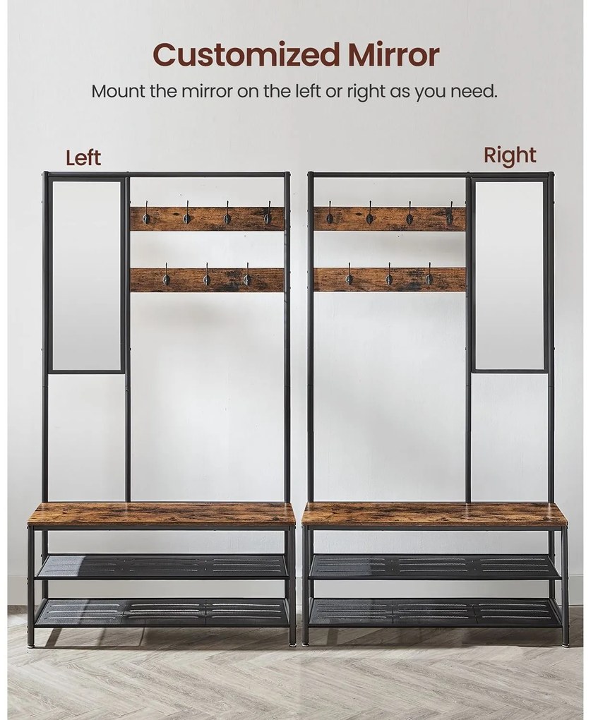 VASAGLE HSR415B01 – multifunkčný vešiak na kabáty so zrkadlom a lavicou