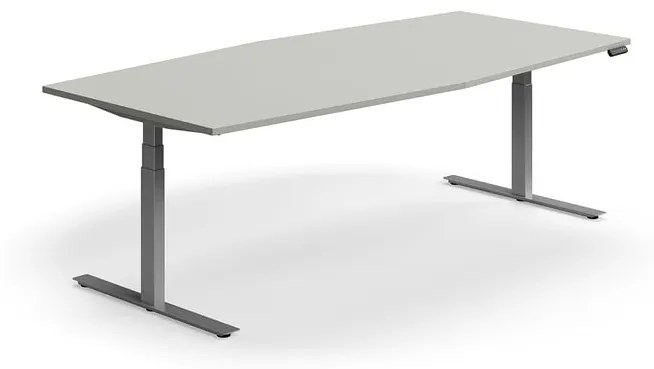 Výškovo nastaviteľný rokovací stôl QBUS, ovál, 2400x1200 mm, strieborný rám, svetlošedá