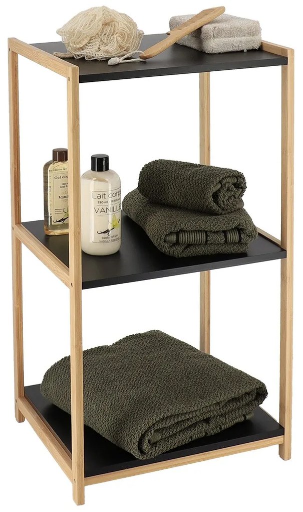 Polička do kúpeľne Black Bamboo 3, čierna/s drevenými prvkami