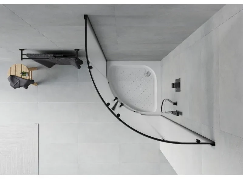 Mexen Rio, štvrťkruhový sprchovací kút s posuvnými dverami 80(dvere) x 80(dvere) x 190 cm, 6mm sklo námraza, čierny profil + biela sprchová vanička RIO, 863-080-080-70-30-4710