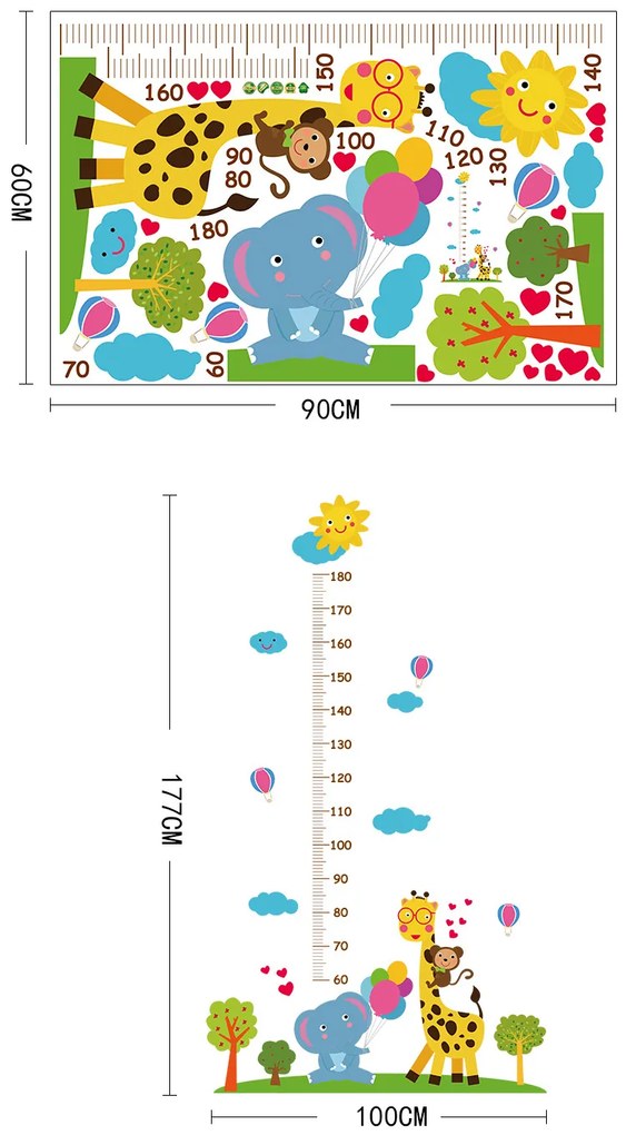 Samolepka na stenu "Detský meter - Žirafa so sloníkom" 177x100cm