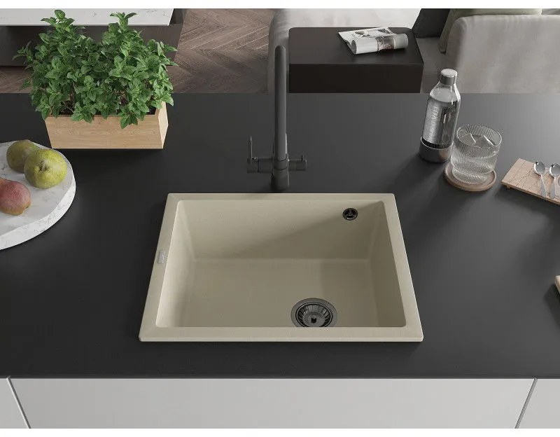Mexen Pedro, granitový drez 560x460x200 mm, 1-komorový, béžová s čiernym sifónom, 6508561000-69-B
