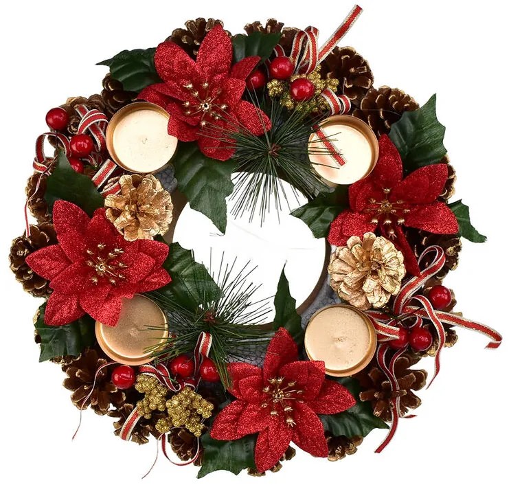 Adventný šiškový veniec POINSETTIA s mašľou 30 cm